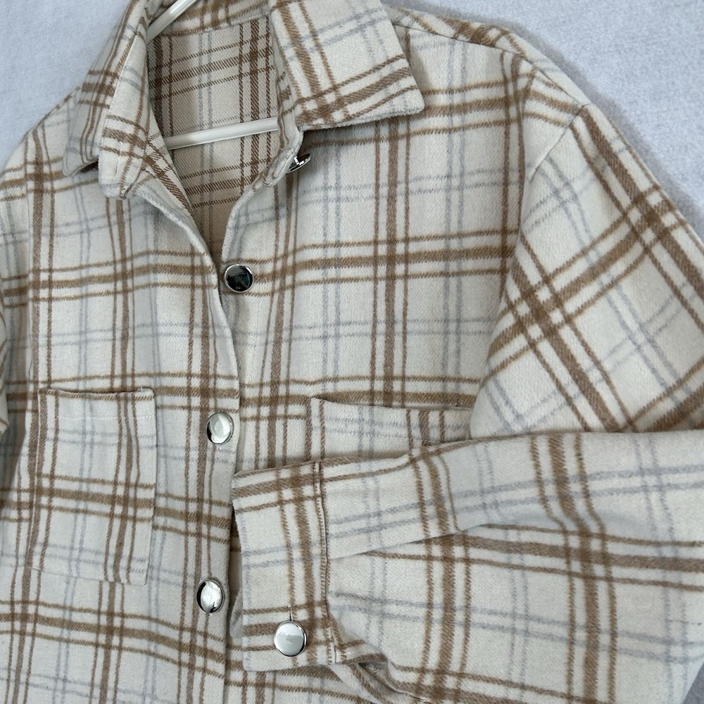 Women's Plaid Fleece Button Up Shacket/Jacket - Size Large - Cream Tan Brown